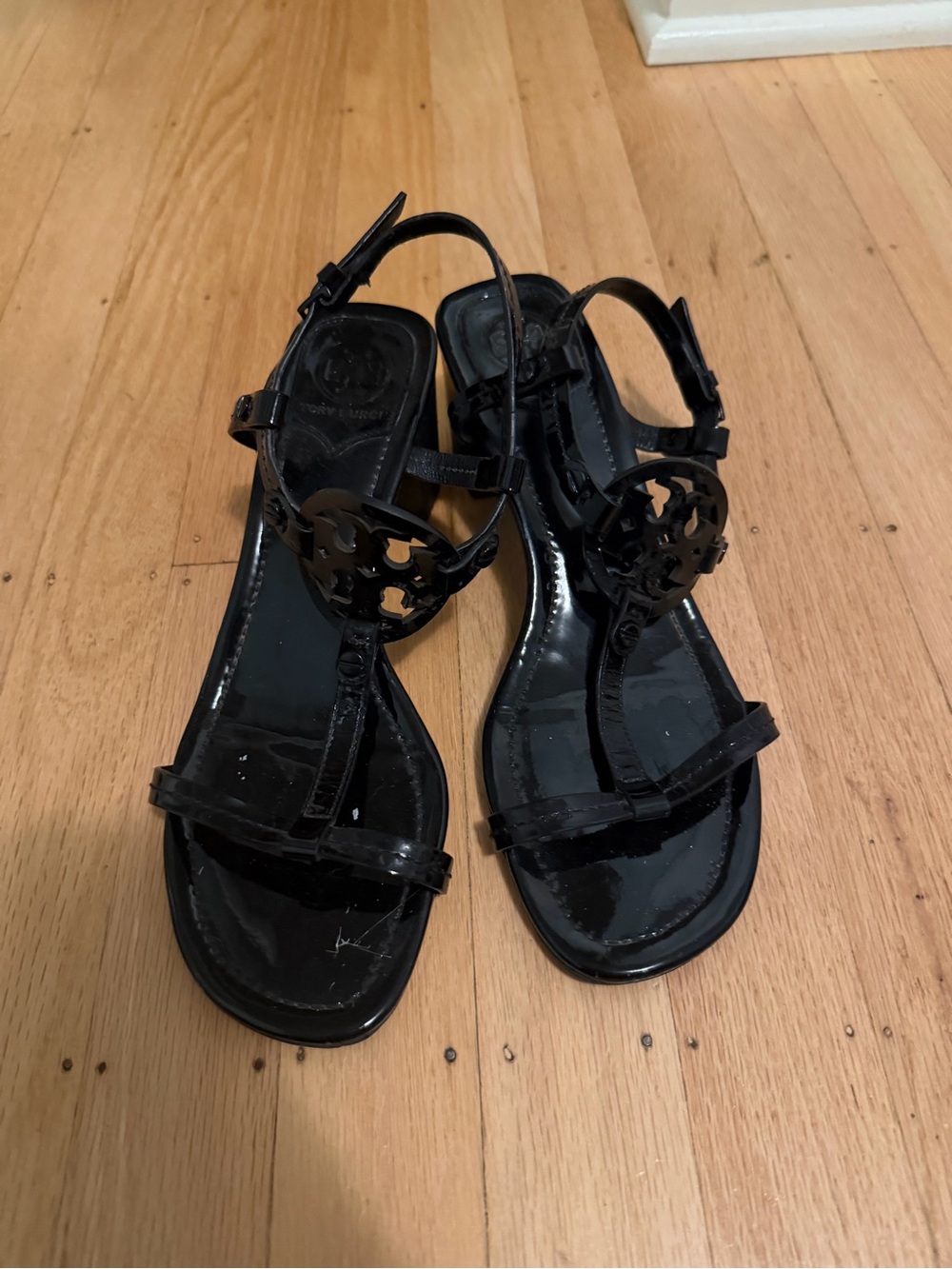 Tory Burch Black Patent Logo T-Strap Sandals